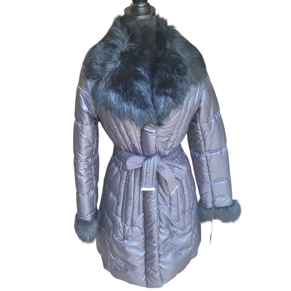 NWT Via Spiga Women's M Faux Fur Puffer Coat Black Belted Quilted Winter Jacket